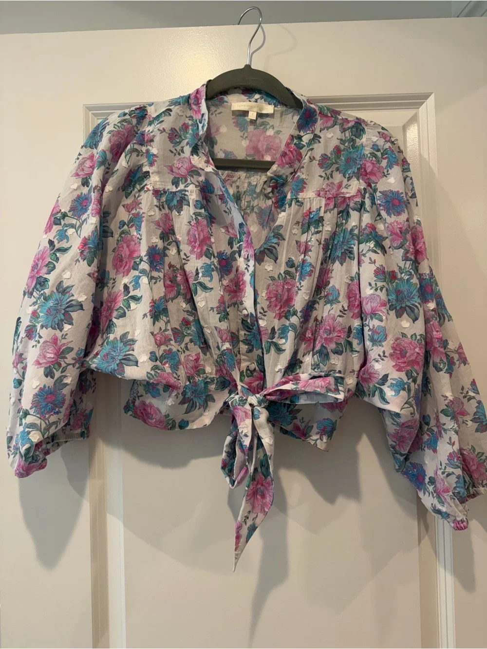 LoveShackFancy White Floral Tie-Front Blouse with Pink & Teal Blooms